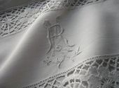 antique linen bolster sham lace ruffle monogram RM