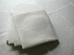 French fine white linen damask table service 