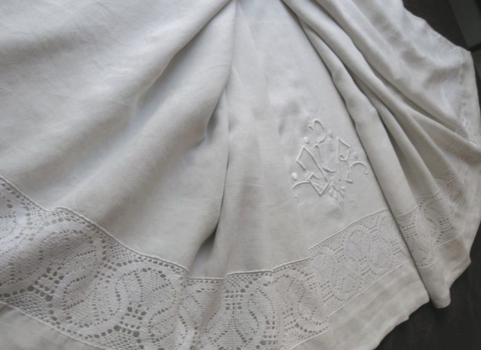 art deco JPR monogrammed linen and lace sheet