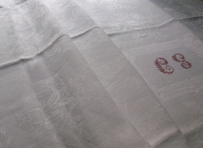 French linen damask tablecloth, monogram: CS