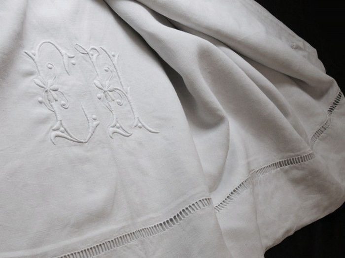  pair linen sheets monogram lh 19th c