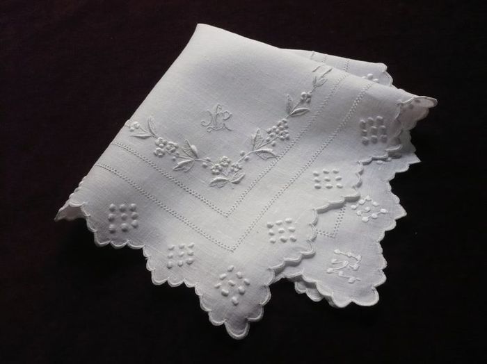 Embroidered handkerchief, initials: mp