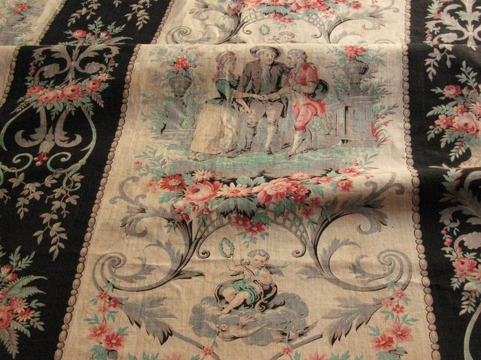 Antique hand printed fabric, 1860, origin:France