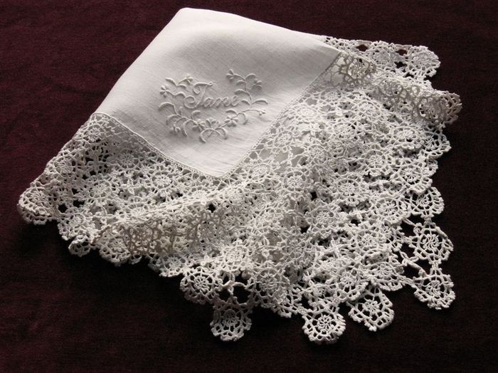Wedding linen handkerchief, monogram: Jane