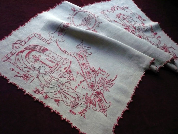 antique embroidered French table runner folk art