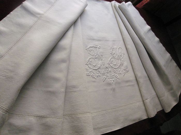 French antique linen sheet , central monogram: JS