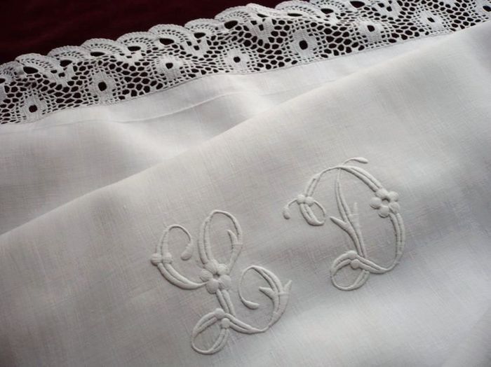 fine white linen and lace pillowcase monogram LD