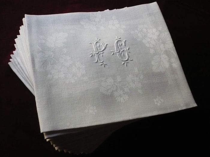 Antique french linen  damask napkins, monogra