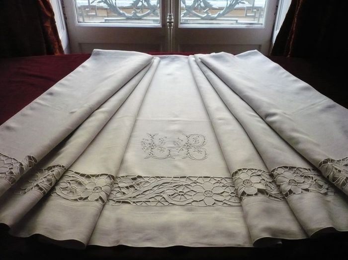 Antique linen sheet, monogram:LB, size:queen