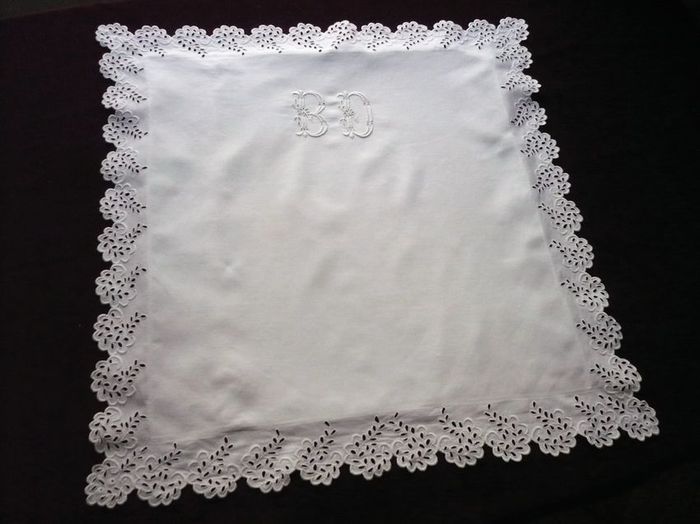 Fine French linen embroidered pillow sham, monogram BD