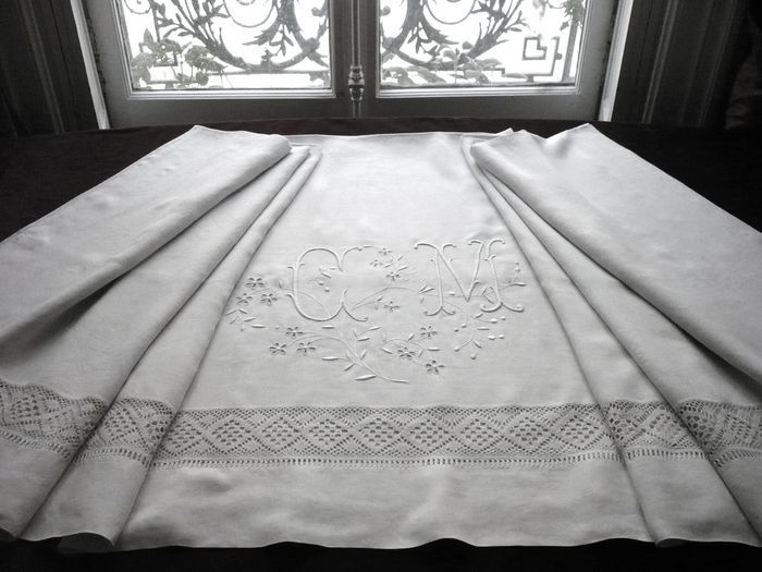 Antique fine linen and lace sheet monogram CM