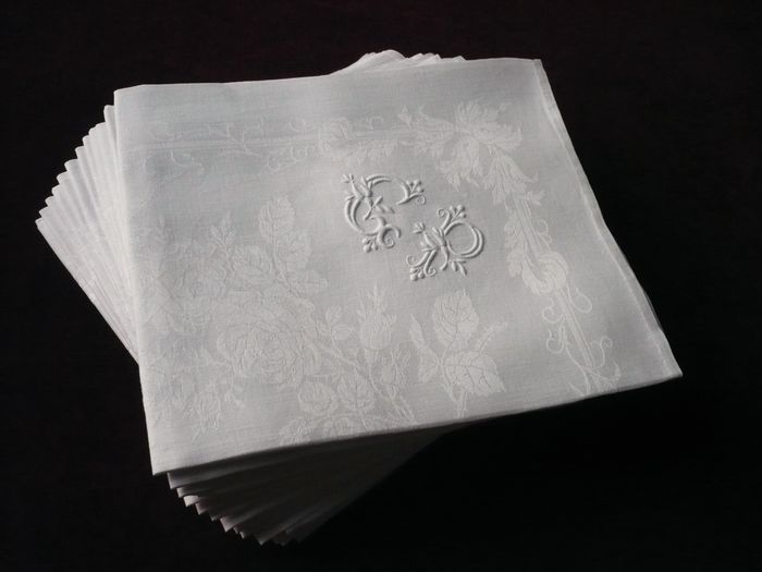 Antique linen rose motif damask napkins monogram GP