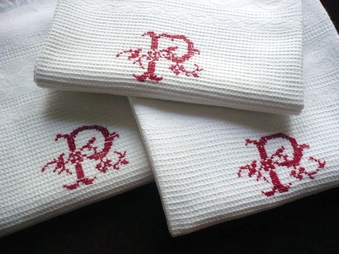 white cotton pique guest towels monogram P