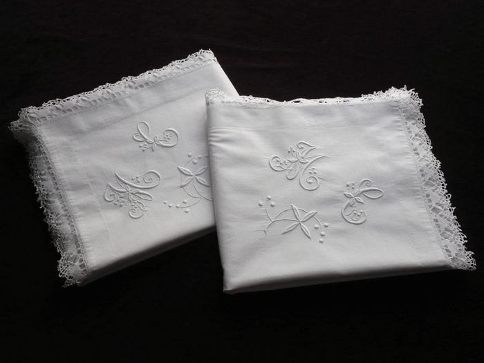 Pair of embroidered French pillow shams, monogram: MC