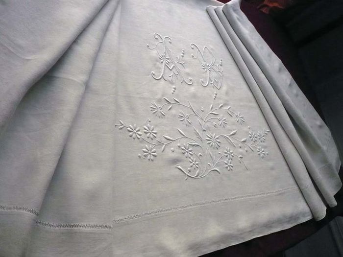 splendid French embroidered sheet, monogram: AB