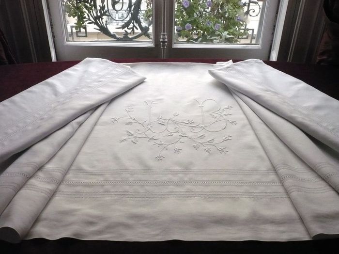 Set of antique French linen sheet and pair of pillowcases, monogram: LB
