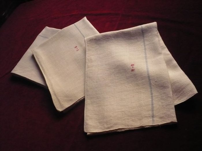 3 antique large kitchen towels from France  monogram PB