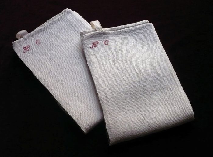 Homespun French antique dish towels, monogram: HC