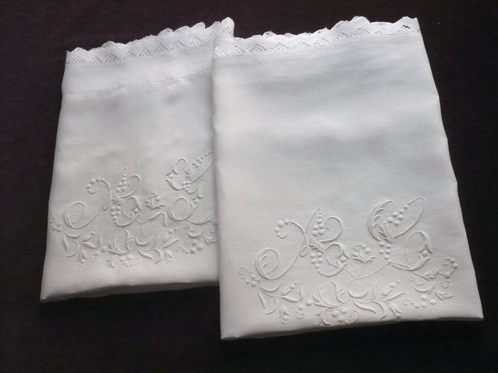 Set of antique his and hers pillow shams, monogram: AG