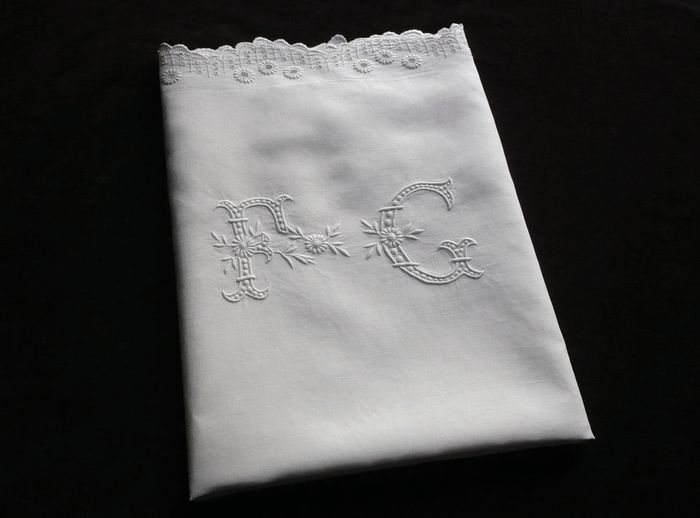 Fine antique embroidered pillow sham, monogram FG