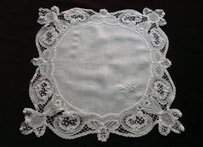 white lawn wedding handkerchief mono JB ribbon lace border