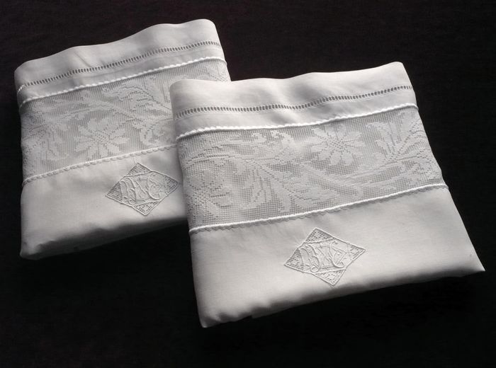 antique linen pillow shams mono MD filet lace insert