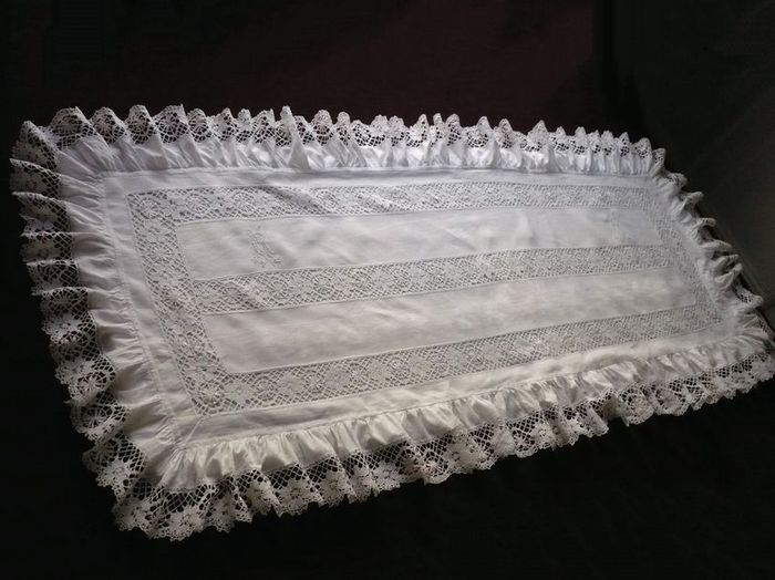 antique linen bolster sham lace ruffle monogram RM