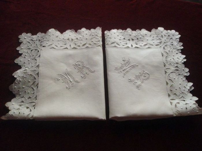 antique pillow shams monogrammed MR Richelieu embroidery