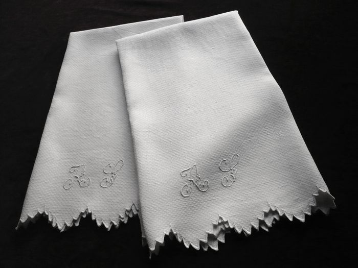 Antique linen damask hand towels monogrammed AS