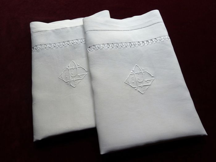 art deco embroidered linen pillow shams monogram PG