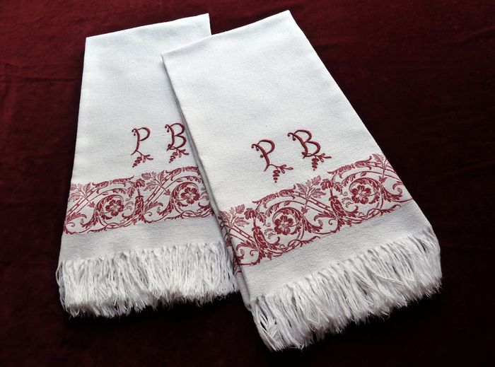 Fine antique linen damask hand towels monogram PB