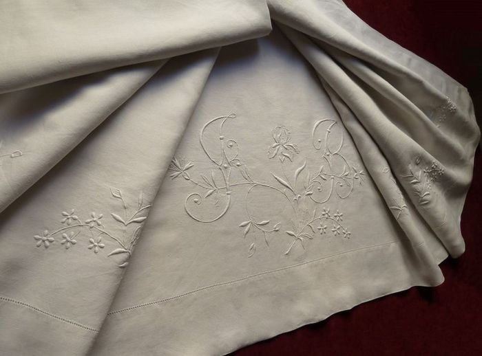 finest antique embroidered linen sheet monogram FB