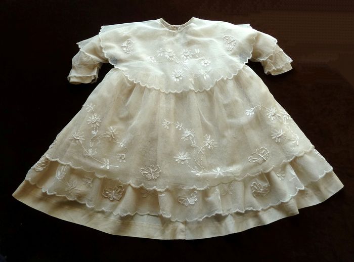 antique silk tulle embroidered baby dress with matching silk slip.